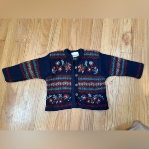 Vintage Laura Ashley mother child wool cardigan floral embroidered navy blue 2T